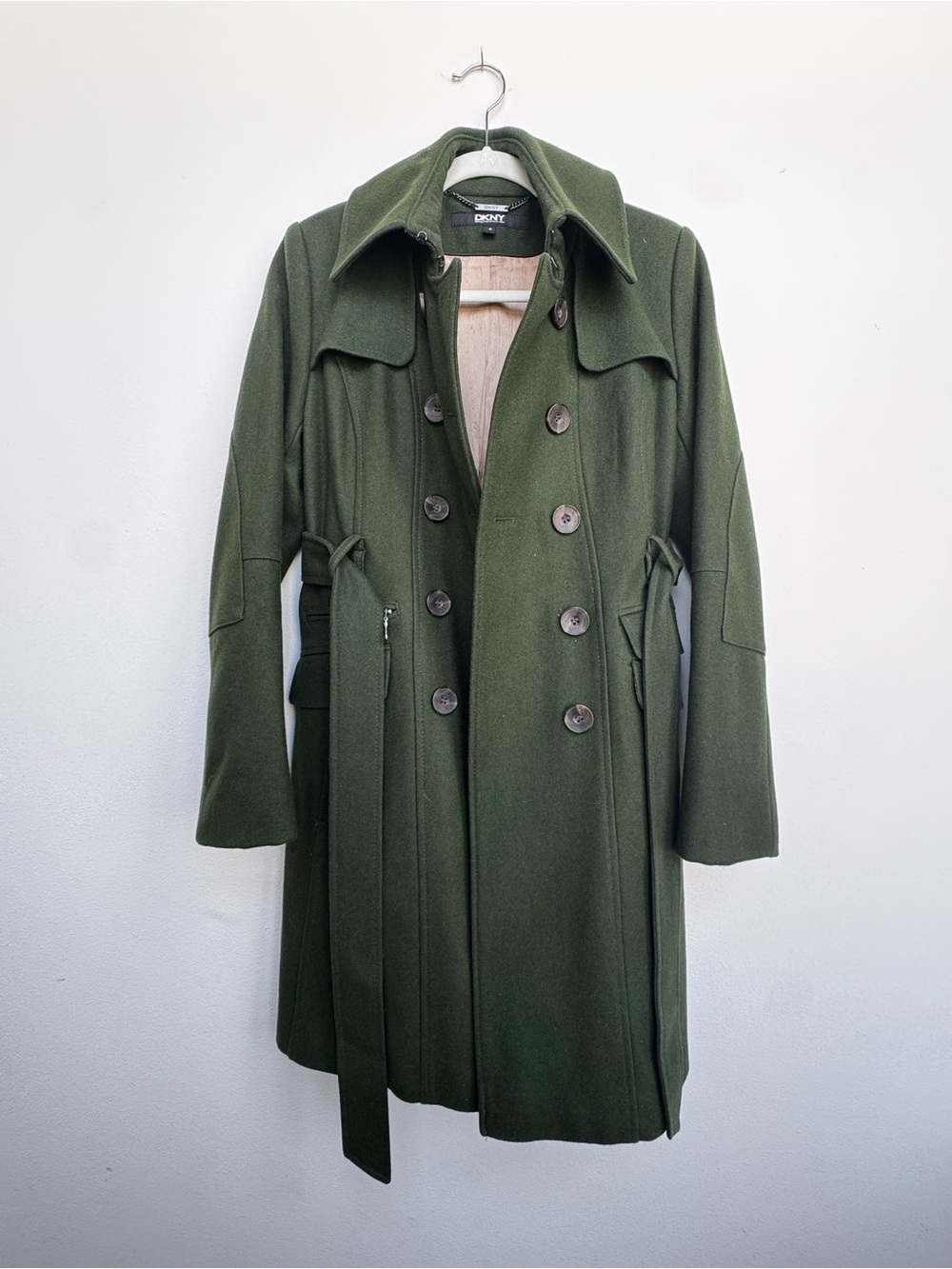 DKNY Dark Green Double-Breasted Wool Pea Coat with Waist Tie